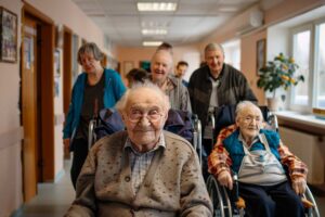 Older adult and family member reviewing a care plan at a kitchen table with medication organizer nearby
